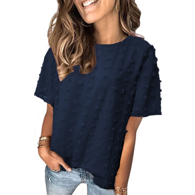 Women Clothing Summer New Women Chiffon Jacquard Fur Ball Double-Layer Short Sleeve Fashion Tops textured