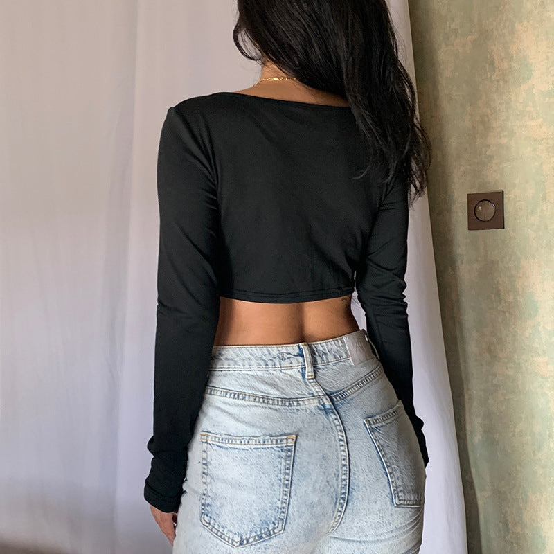 Hanky Hem Autumn Winter Irregular AsymmetricCinched Boning Corset Breasted Long Sleeve Sexy Sexy Low Cut Short Top