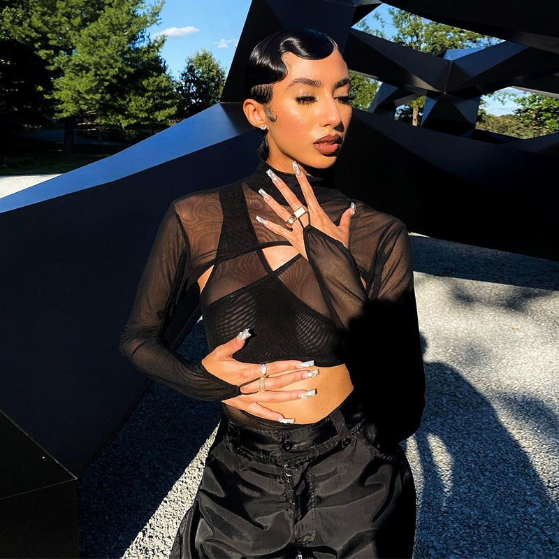 Women Clothing Spring Sexy Mesh See through Tight Long Sleeve Jumpsuit