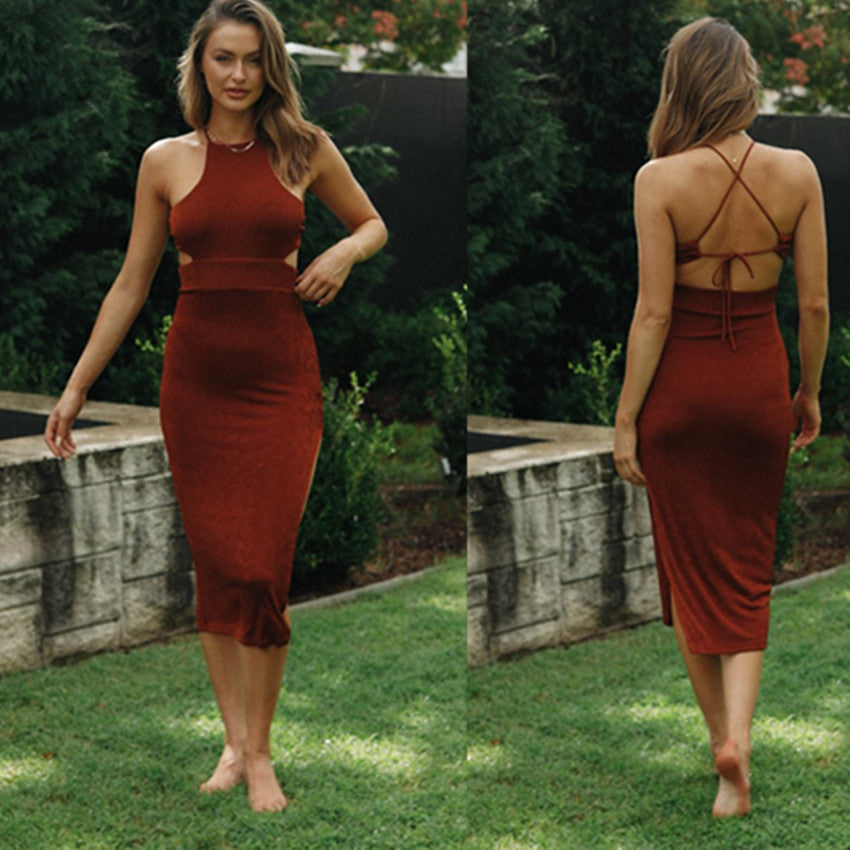 2021 New Women Fashion round Neck Sexy Backless Slim Fit Lace-up Split Dress