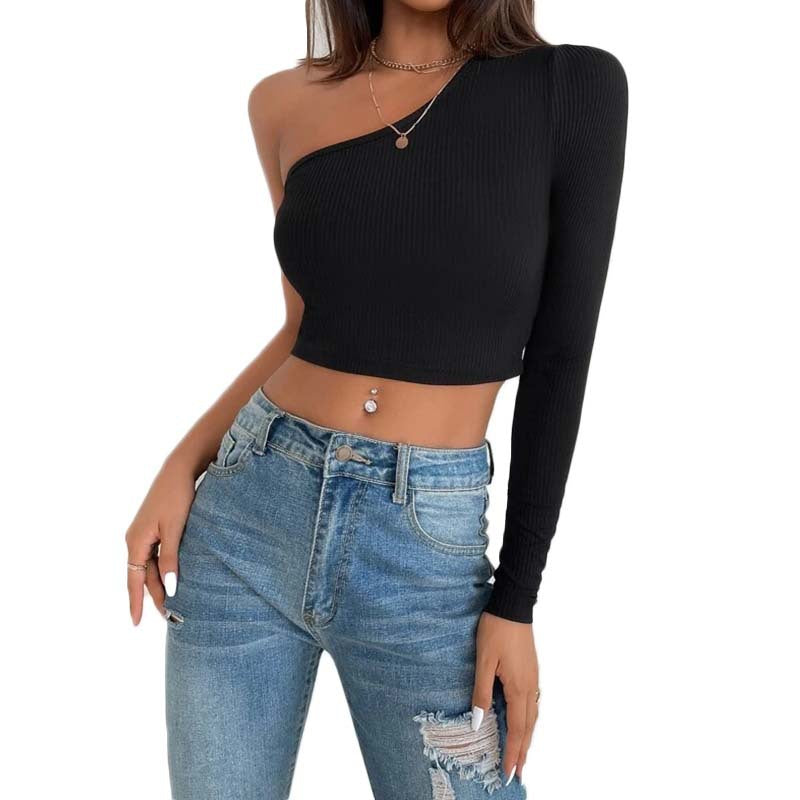 Women New Fall Winter Inner Wear Black Rib Bottoming Shirt Women Oblique Shoulder Elegant Top Spot