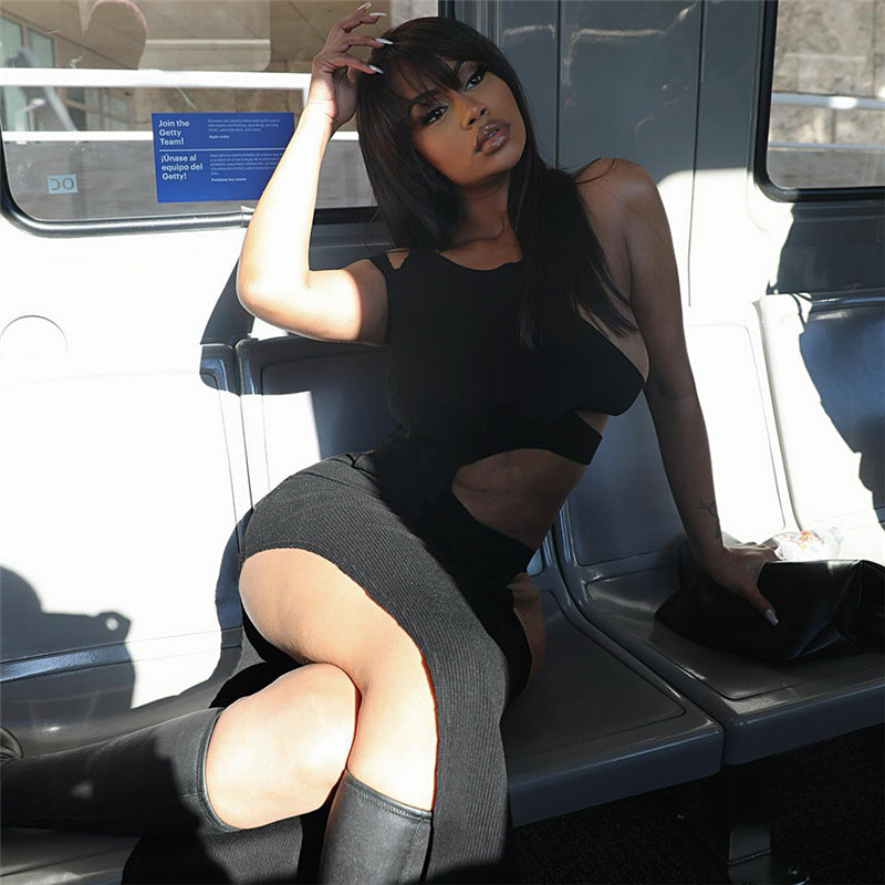 Spring Summer Women Design Solid Color Hollow Out Cutout Sexy High Split Sheath Dress