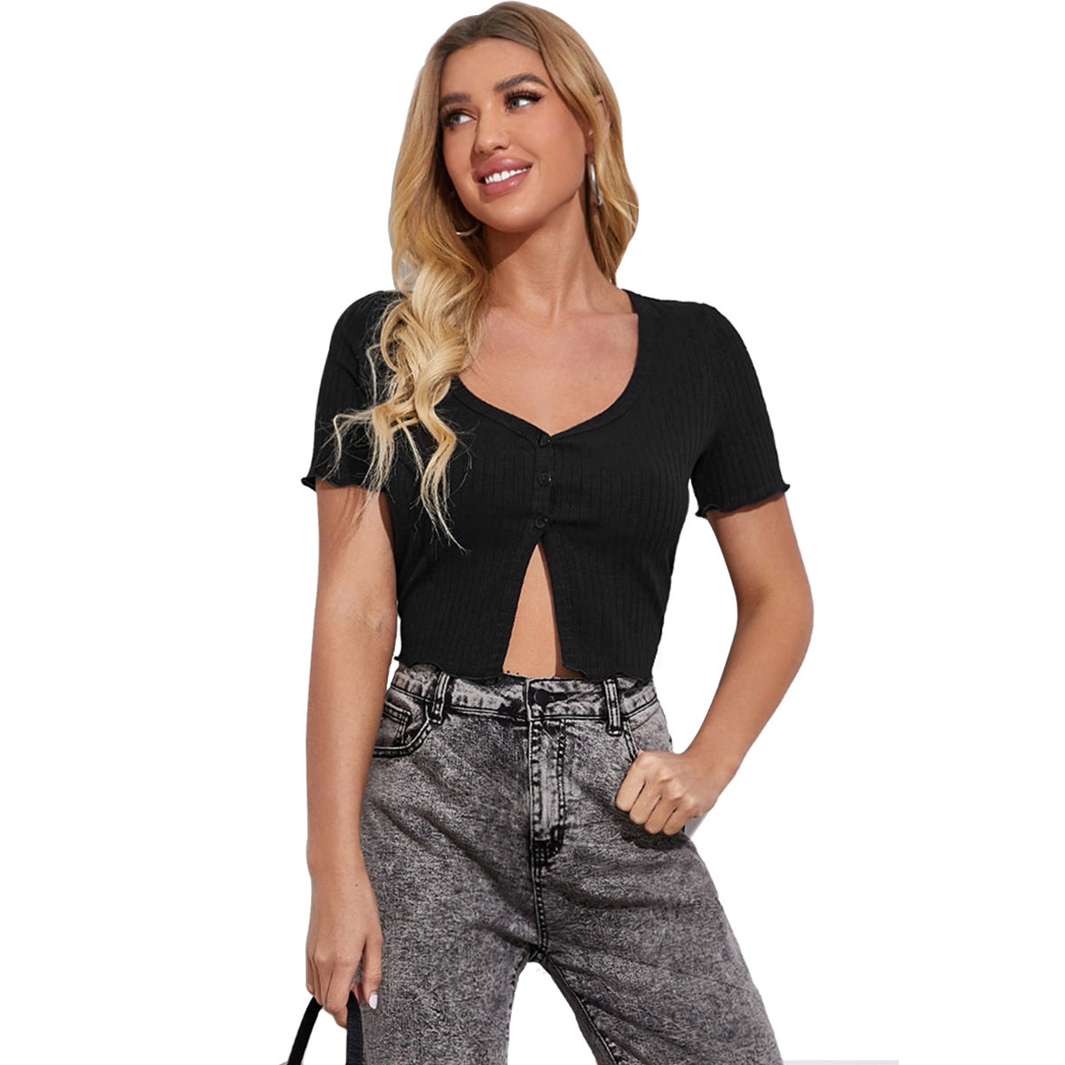 Women Clothing Slim Fit Show Umbilical Top T-shirt Peach Collar Short Sleeve Button Knitted Bottoming Shirt Short