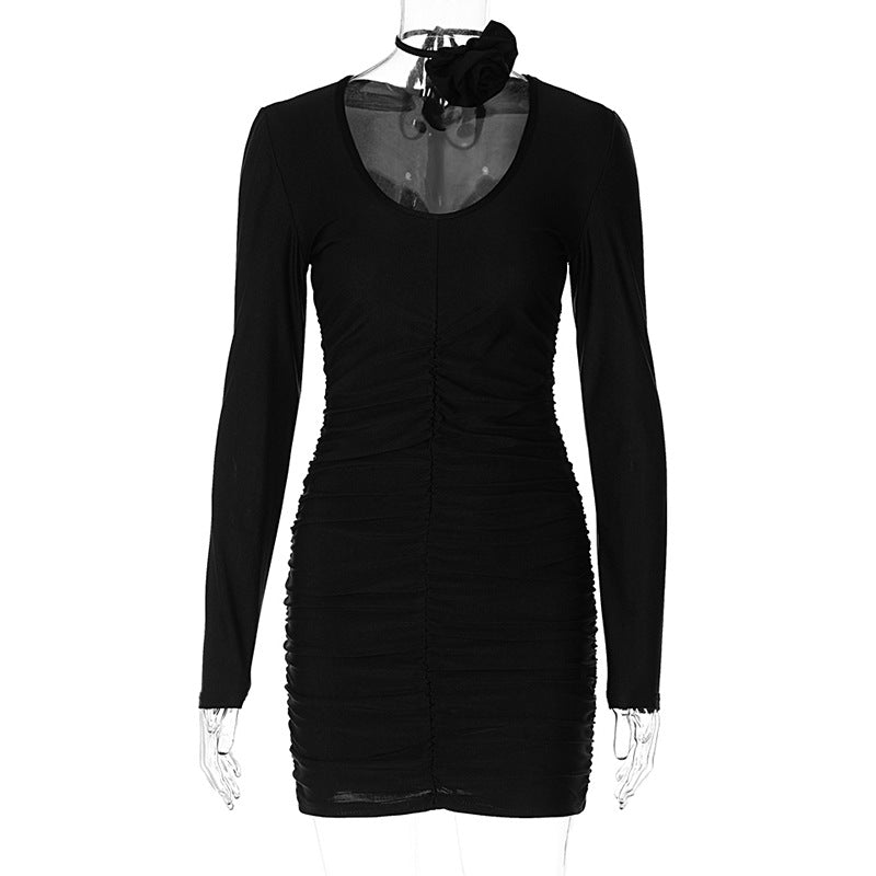 Women Clothing Winter U Collar Slim Pleated Solid Color Long Sleeve Narrow Dress