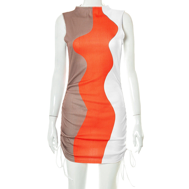 Women Clothing 2021 Summer New round Neck Sleeveless Printing Color Contrast Pleated Tie Short Party Dress