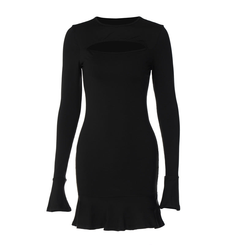 Sexy Bell Sleeve Ruffled Slim Dress Women Winter New