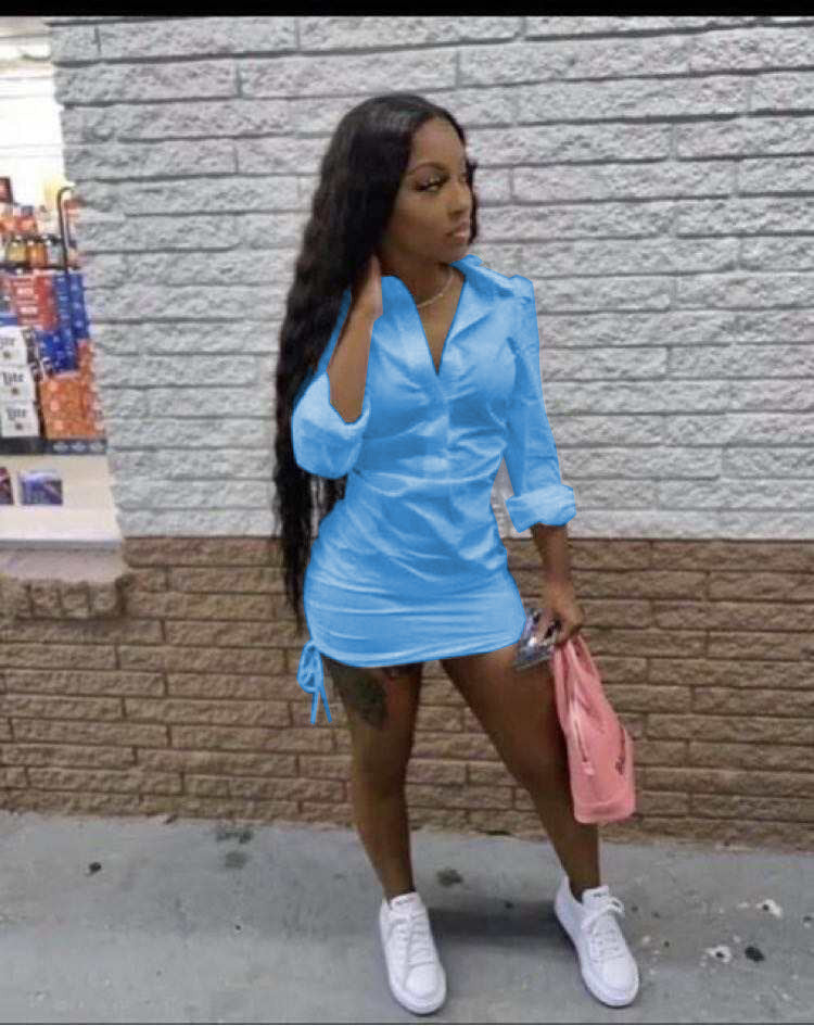 Europe and America New Women Lace-up Drawstring Shirt Deep V Dress for Women