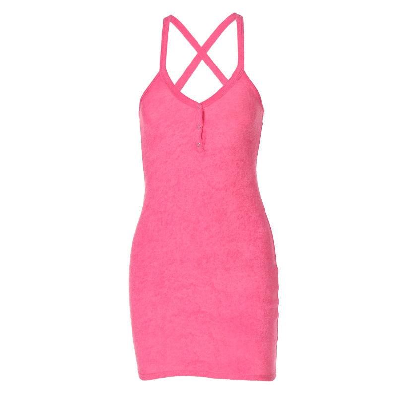 Women 2021 New Autumn Fashion Suspenders V-neck Hidden Hook Slim Dress