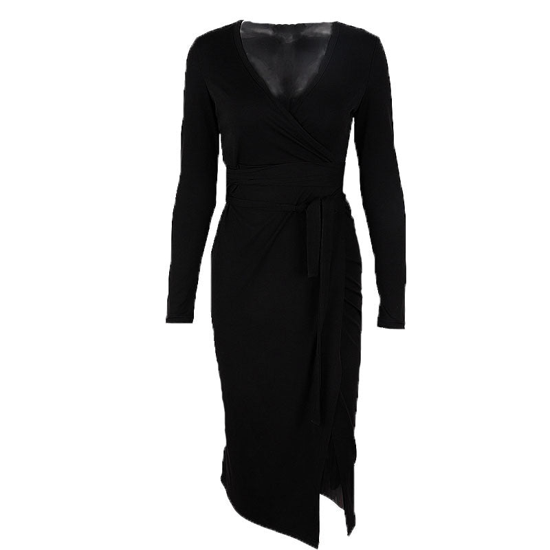 Autumn Elegant V-neck Waist Belt Solid Color Mid-Length Slit Overknee Long Sleeve Dress