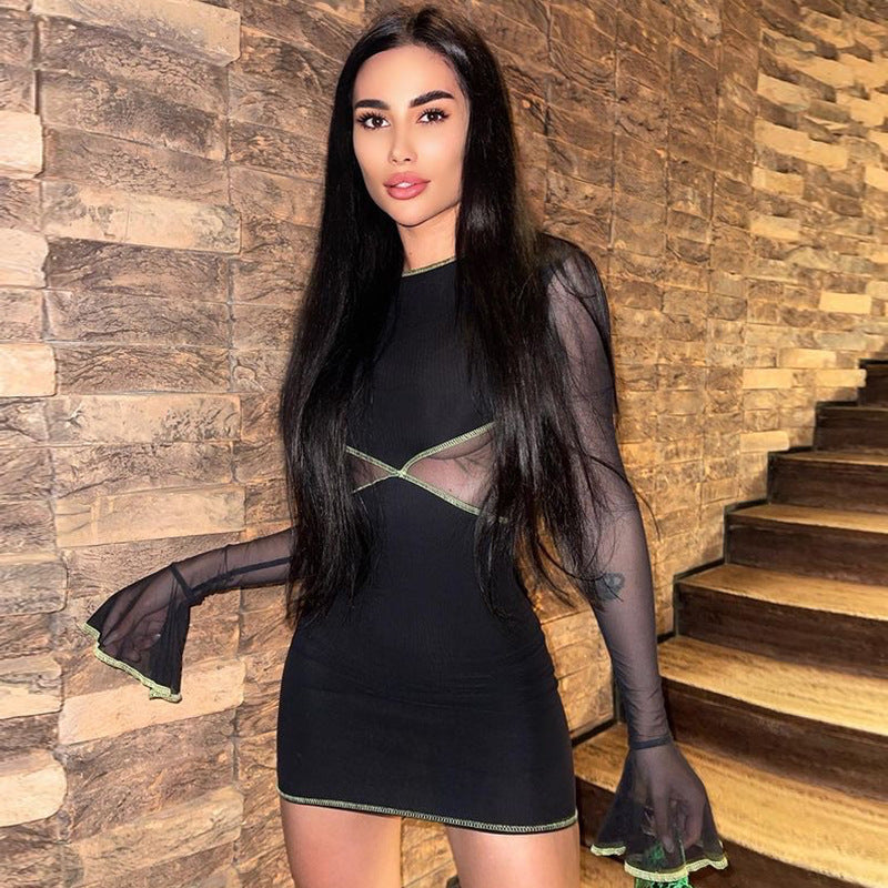 Mesh Stitching See through round Neck Micro Pull Long Sleeve Sexy Slim Dress Short for Women