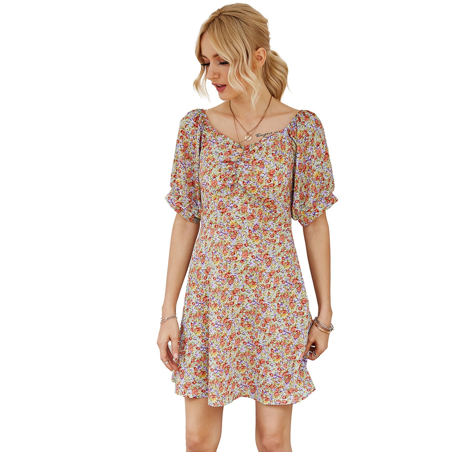 New Sexy Summer V-neck Short Sleeve Floral Print Dress for Women estampado floral Vestidos