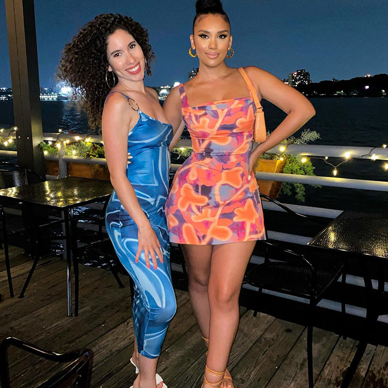 U Collar Tight Dress Digital Printed Pullover A line Socialite Pullover Women