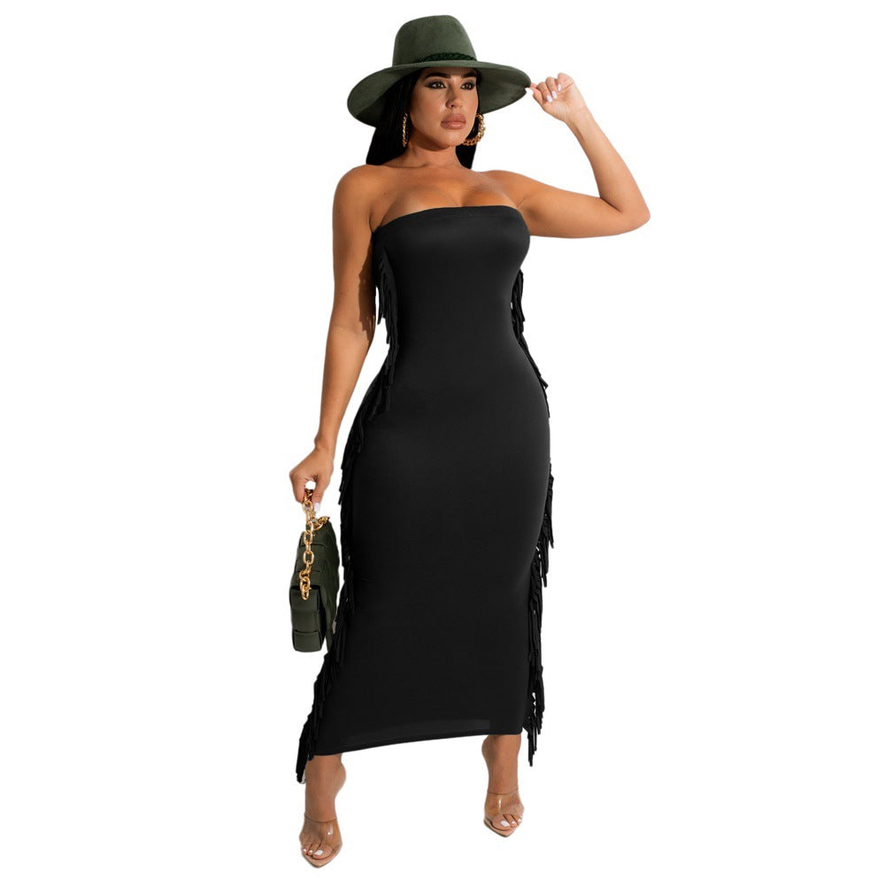 Sexy Sheath Tassel Solid Color Women Dress