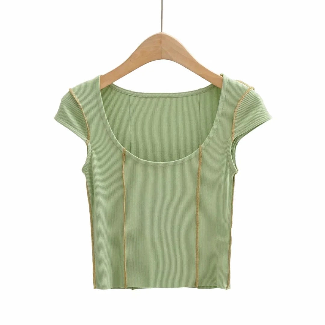 Summer New Women round-Neck Patchwork Design T-shirt Slim Fit Slimming Women Elegant Sexy Raglan Sleeve Top