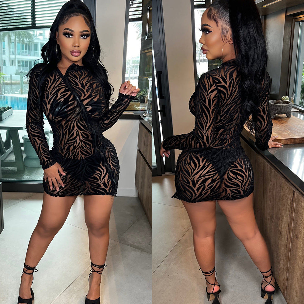 Women Clothing 2022 Spring Summer Sexy Mesh See-through Zipper Flocking Long-Sleeved Dress for Women