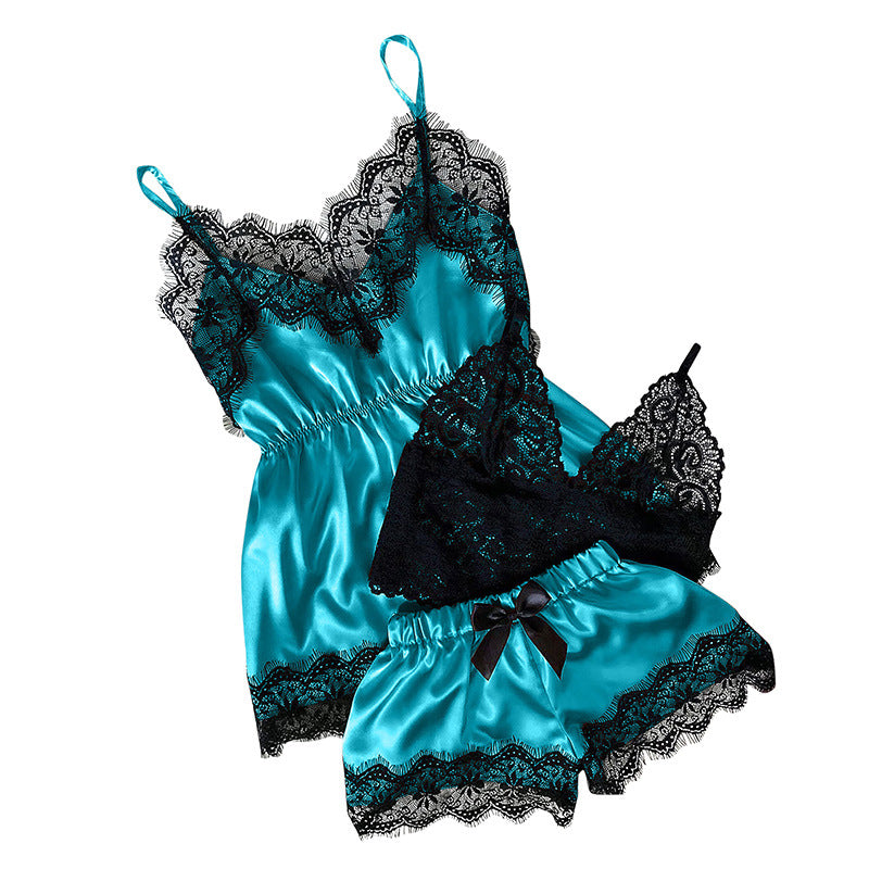 Satin Sexy Lingerie Lady Sexy Nightdress Lace Suspender Shorts Pajamas Suit Plus Size