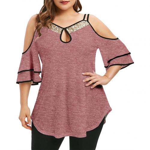 Plus Size Women Sequins Neck Cold Shoulder Ruffled Sleeve Irregular Hem Blouse Solid color easy to pair with variety of pants