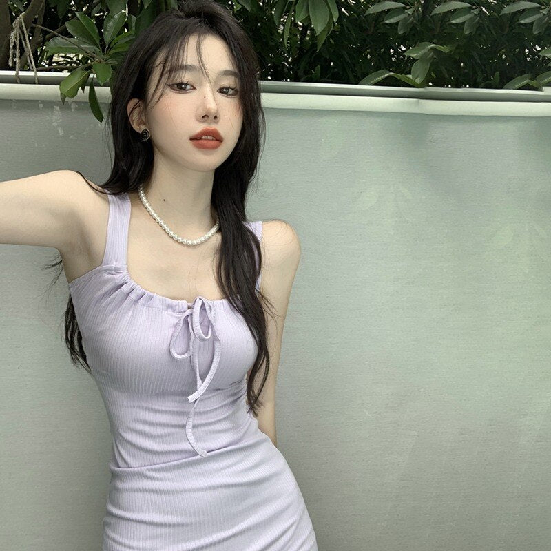 Lace-up Strapless Dress Women Sexy Bow Sweet Bodycon Dress Square Neck Women's Dress Slim Sxey Fashion