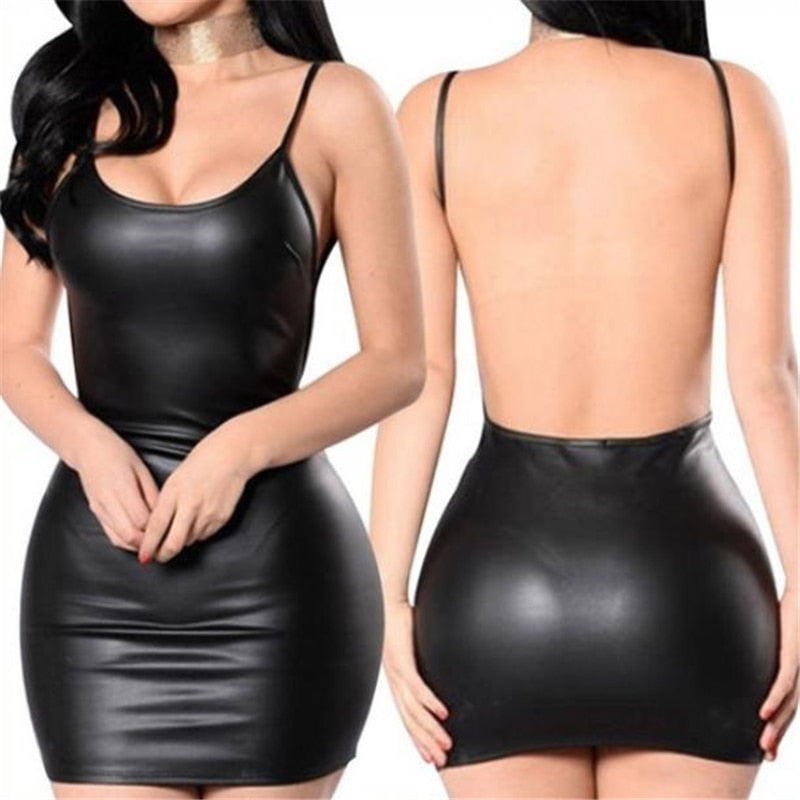 Women's Sexy Wet Look PU Leather Bodycon Short Mini Dress Party  Clubwear Dresses