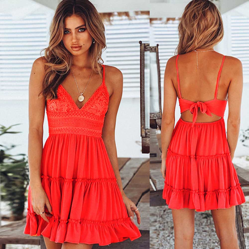 Women Lace Slip Sundress Summer Sexy Backless Sleeveless Strap Lace Up Pleated Mini Dress