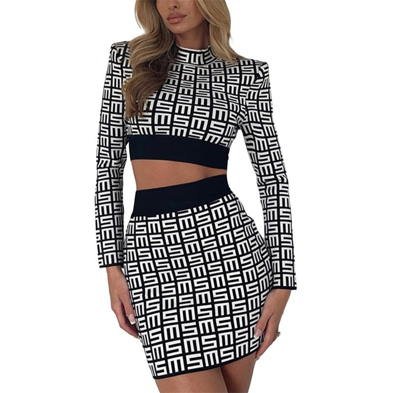 Letter Print Slim Two-piece Set, Mock Neck Long Sleeve Tops & Long