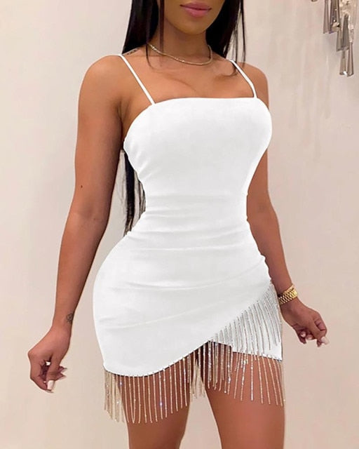 Sexy Women Sleeveless Strap Tassels Bodycon Dress Clubwear 2020 Summer Evening Party Bandage Short Mini Asymmetrical Hem Dresses