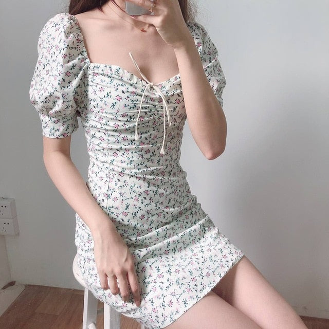 Tie Neck Floral Print Floral Mini Sexy White Dress