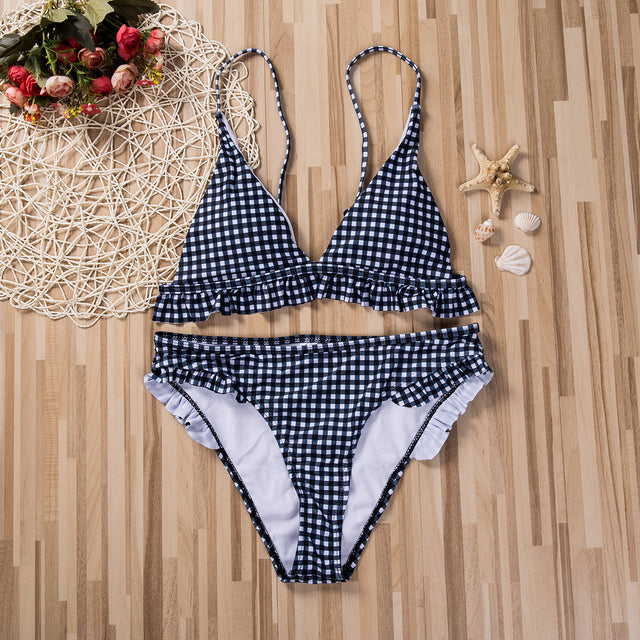 Retro Style Women Push Up Plaids Bikini Set New Brazilian Padded Black Plaid Swimwear Beach e Thong High Waist Swimsuit