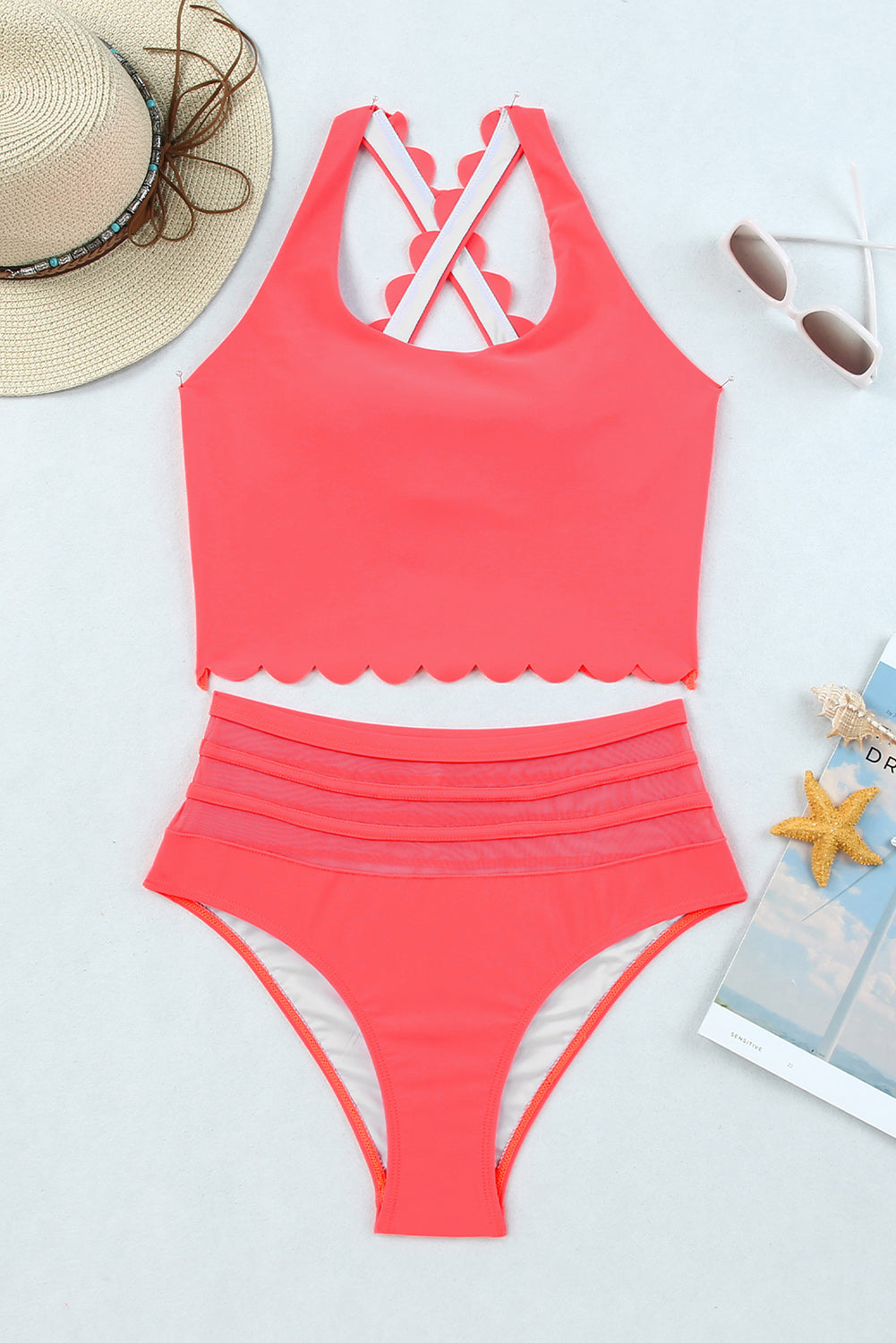 Rose Scalloped Criss Cross High Waist Bikini