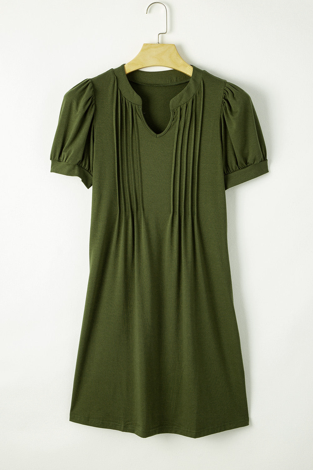 Fern Green Notched Neck Pleated Puff Sleeve Shift T-shirt Dress