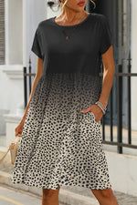 Leopard Dotted Contrast Casual Pocket T Shirt Dress