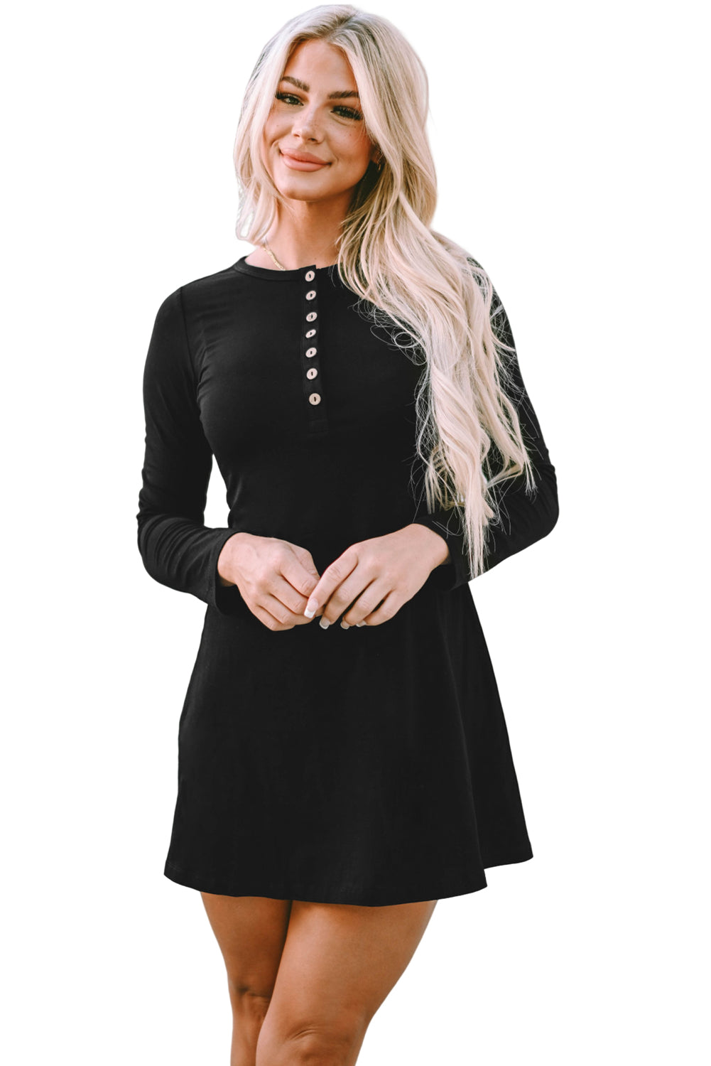 Black Solid Long Sleeve Henley Dress