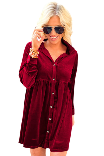 Fiery Red Long Sleeve Ruffle Velvet Button Up Dress