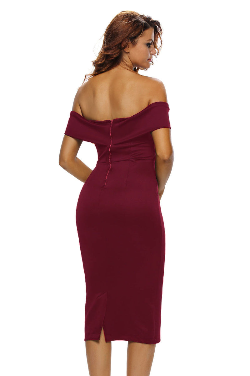 Burgundy Off-the-shoulder Midi Dress