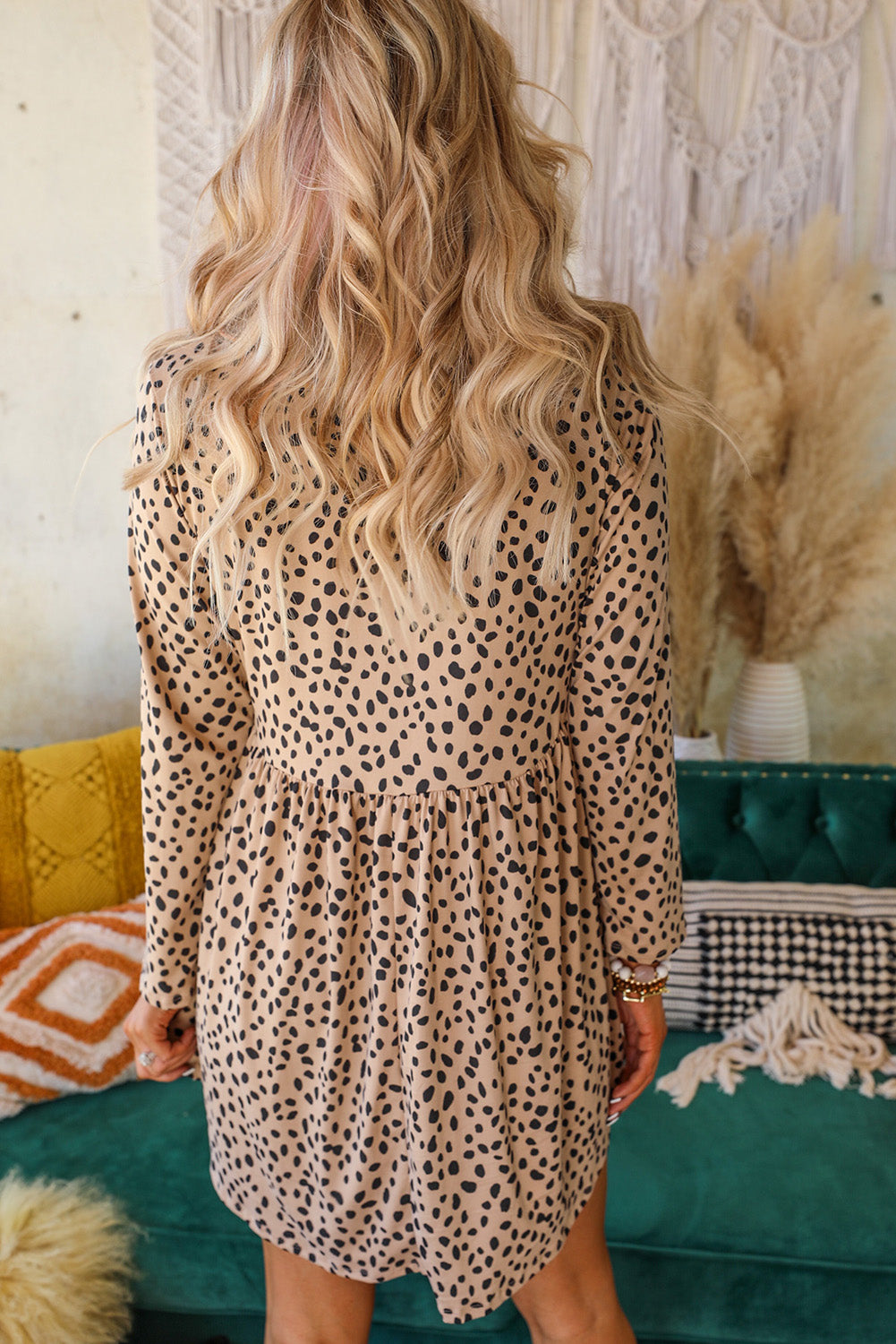 Brown Leopard Long Sleeve Babydoll Dress