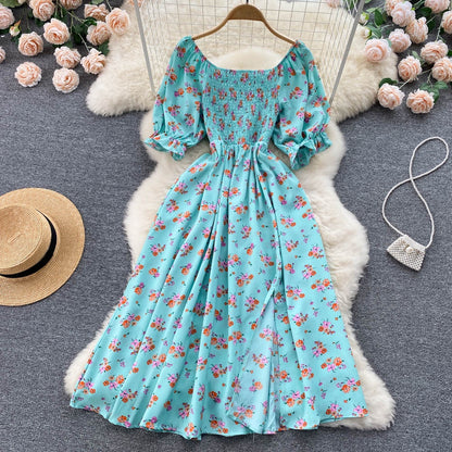 Summer Floral Dress Women Fashion Casual High Waist Square Neck Bubble Sleeve Dress