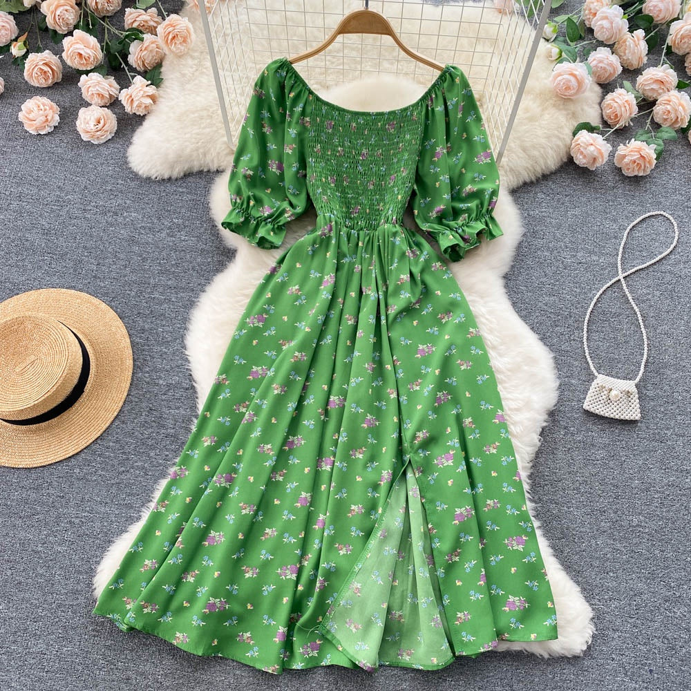 Summer Floral Dress Women Fashion Casual High Waist Square Neck Bubble Sleeve Dress