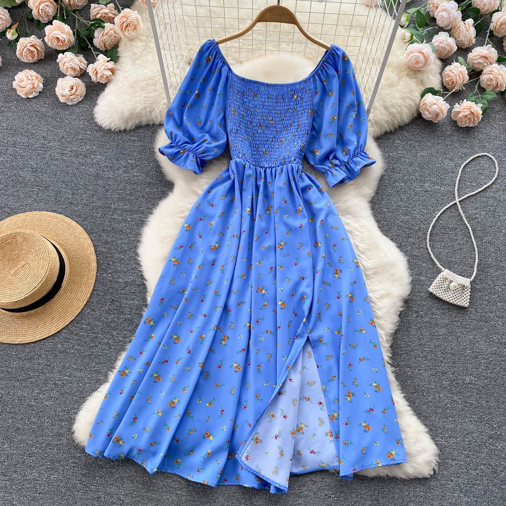 Summer Floral Dress Women Fashion Casual High Waist Square Neck Bubble Sleeve Dress