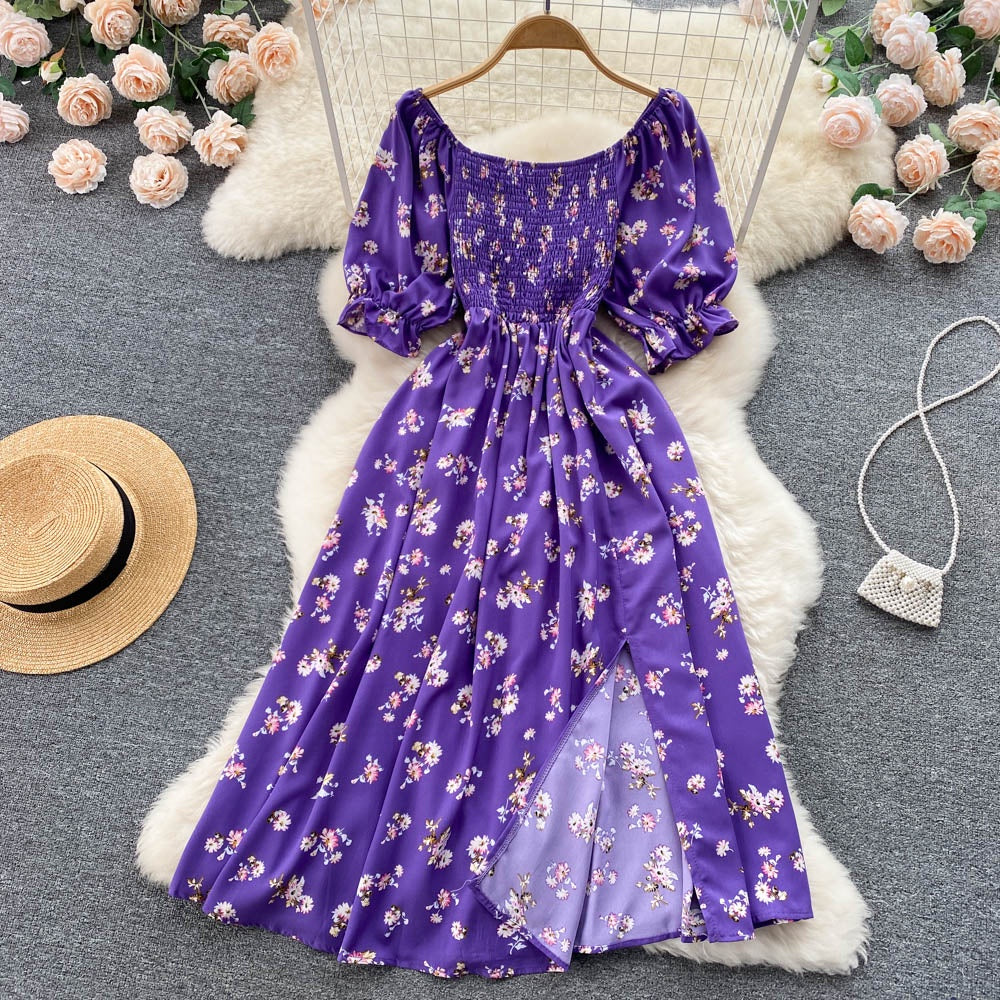 Summer Floral Dress Women Fashion Casual High Waist Square Neck Bubble Sleeve Dress