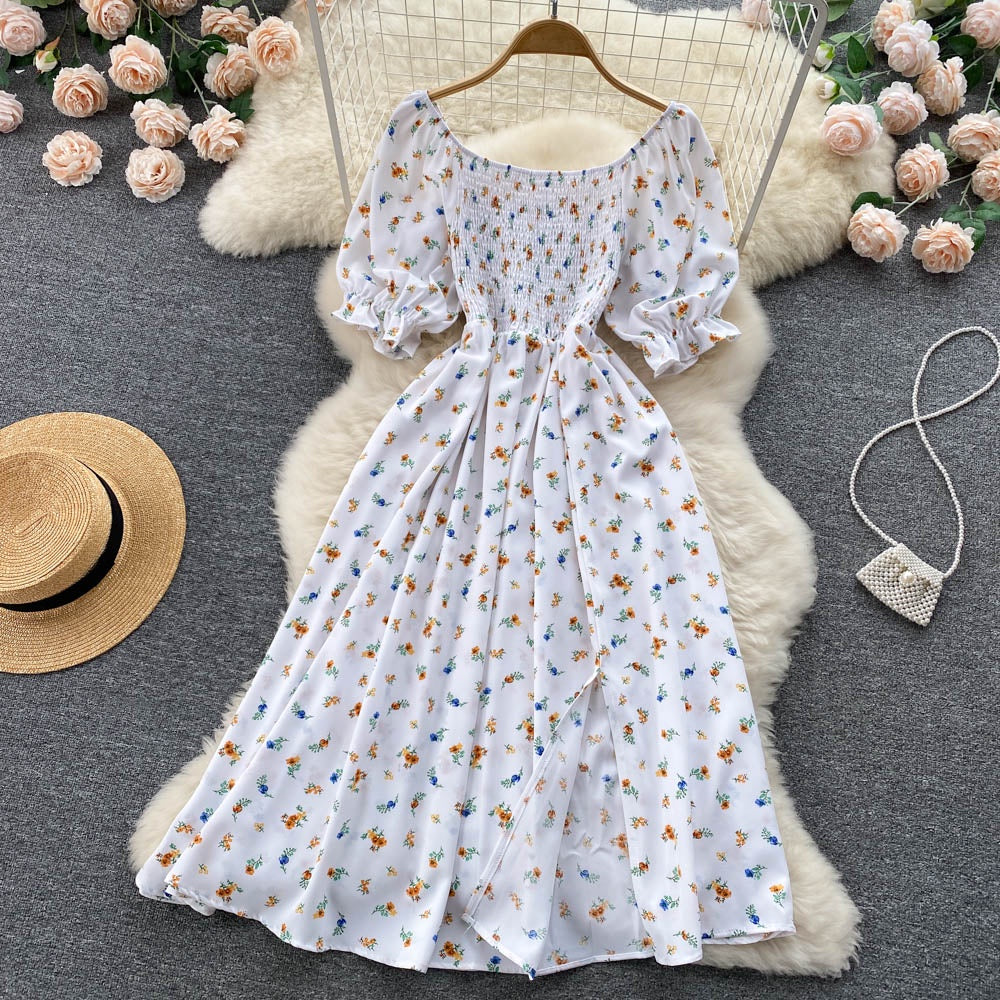 Summer Floral Dress Women Fashion Casual High Waist Square Neck Bubble Sleeve Dress