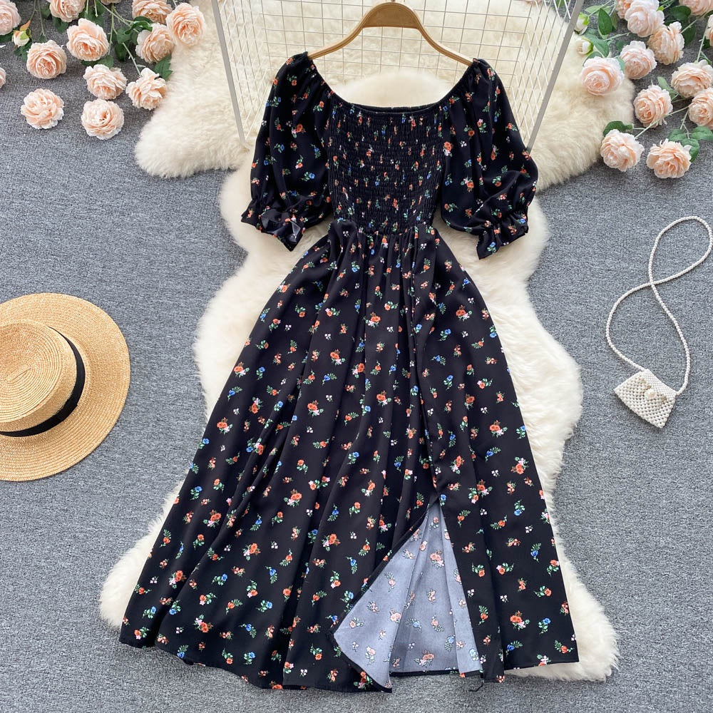 Summer Floral Dress Women Fashion Casual High Waist Square Neck Bubble Sleeve Dress