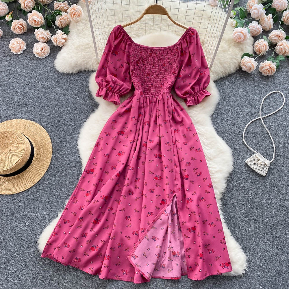 Summer Floral Dress Women Fashion Casual High Waist Square Neck Bubble Sleeve Dress