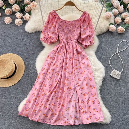 Summer Floral Dress Women Fashion Casual High Waist Square Neck Bubble Sleeve Dress