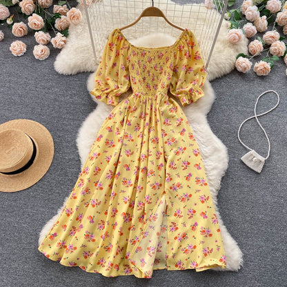 Summer Floral Dress Women Fashion Casual High Waist Square Neck Bubble Sleeve Dress