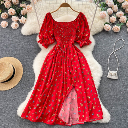 Summer Floral Dress Women Fashion Casual High Waist Square Neck Bubble Sleeve Dress