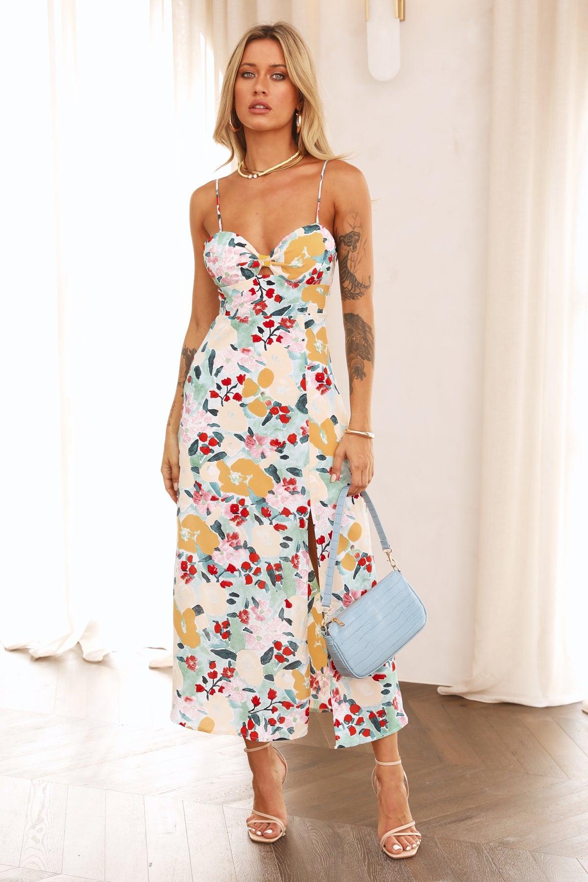 Women Summer Vacation Floral V Neck Cami Maxi High Split A Line Dress