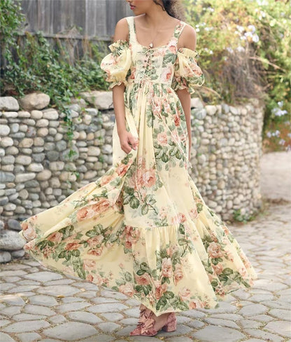 Spring Retro Strap Vest Floral Print off Shoulder Dress Two Piece Set