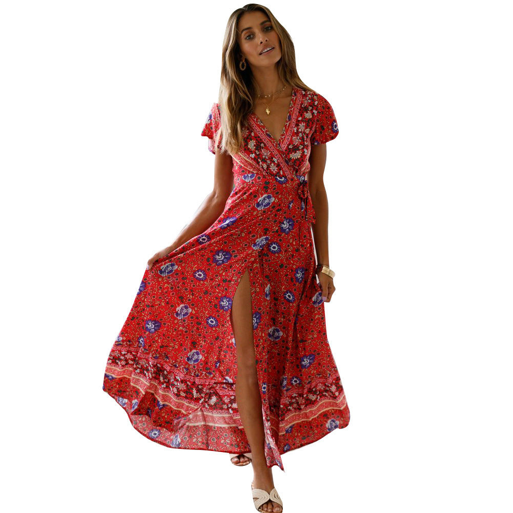 Spot Summer Casual Holiday Floral Print Dress Sexy Dress Women Clothing Wrap Dress