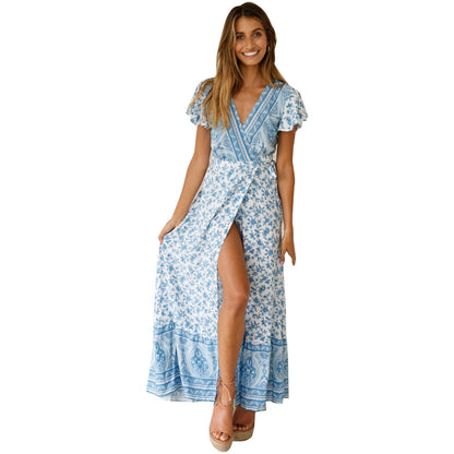 Spot Summer Casual Holiday Floral Print Dress Sexy Dress Women Clothing Wrap Dress