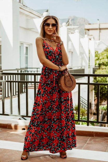 Spring Summer V neck Sleeveless Spaghetti Strap Floral Print Bohemian Maxi Dress